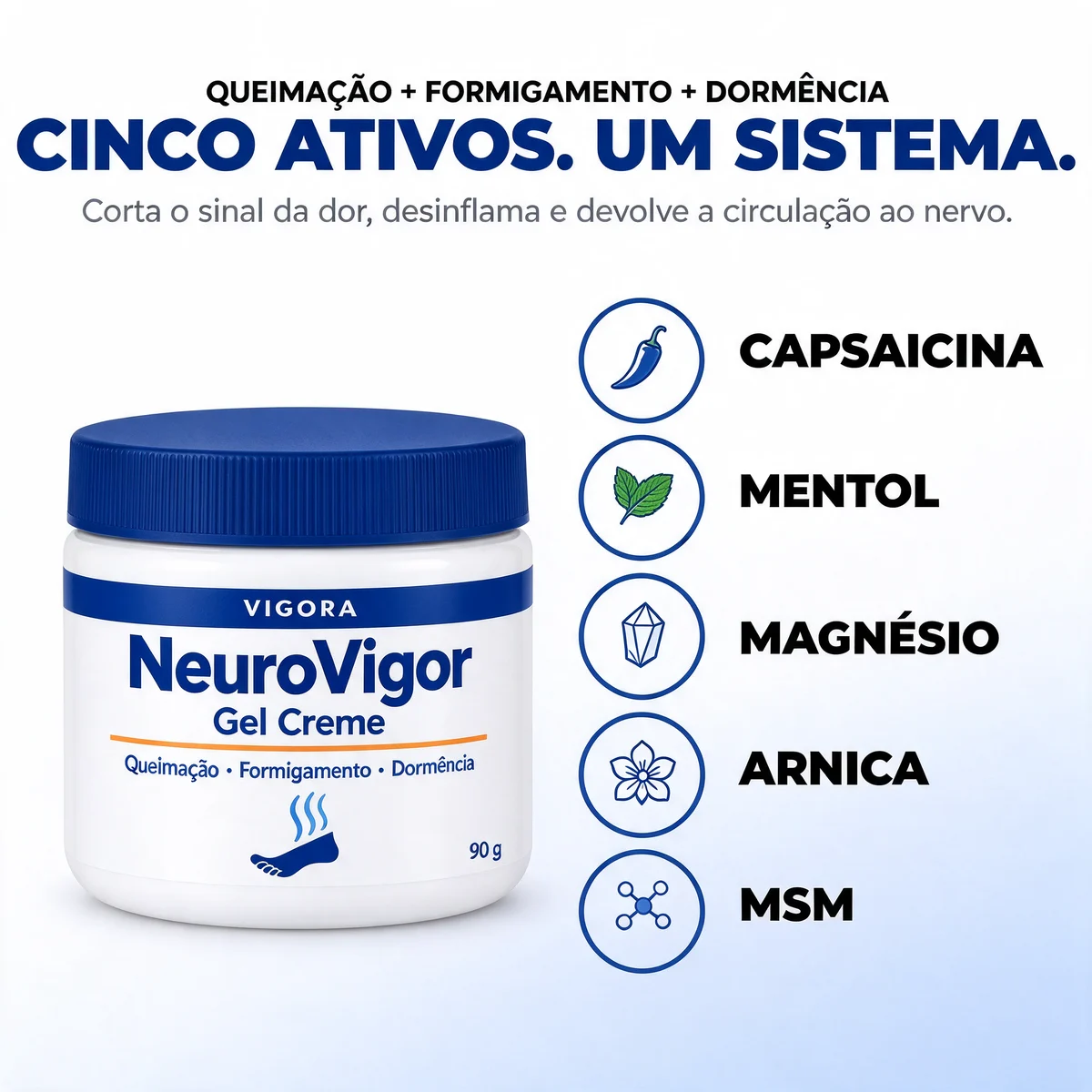 Cinco ativos, um sistema: capsaicina, mentol, magnésio, arnica e MSM